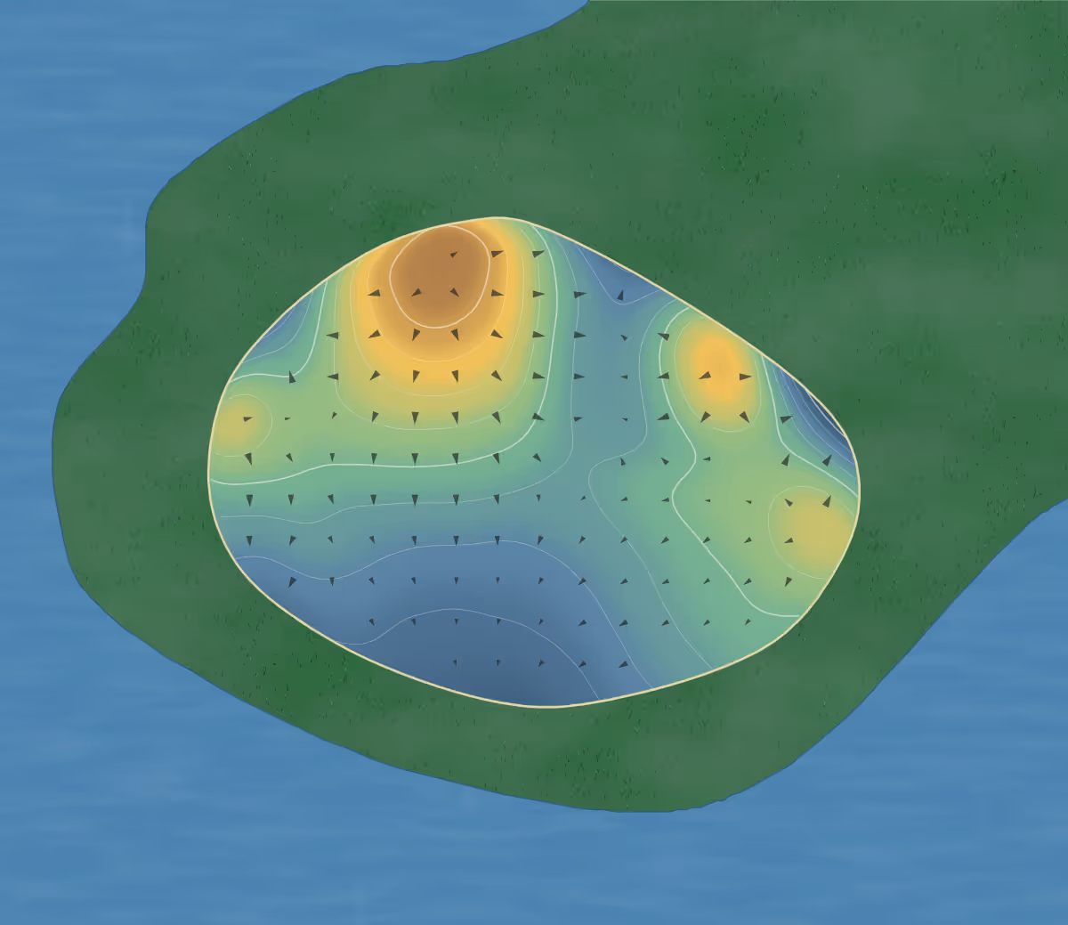 Green contour map of Pakenham in Pakenham, Canada: 306 elevation contours at a 8-centimeter interval with fall-line arrows, traced from 1-meter lidar