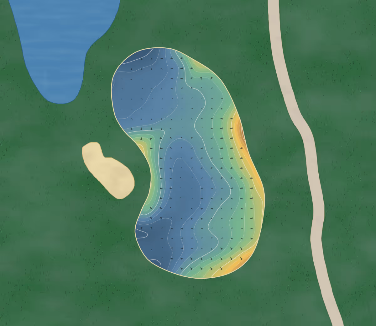 Green contour map of Pakuranga in Auckland, New Zealand — 197 elevation contours at a 8-centimeter interval with fall-line arrows, traced from 1-meter lidar
