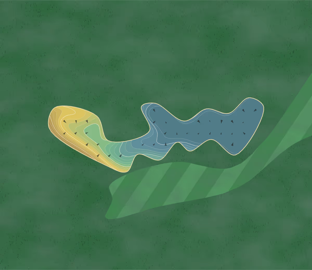 Green contour map of Palmer General Nine in The Woodlands, Texas — 110 elevation contours at a 3-inch interval with fall-line arrows, traced from 1-meter lidar