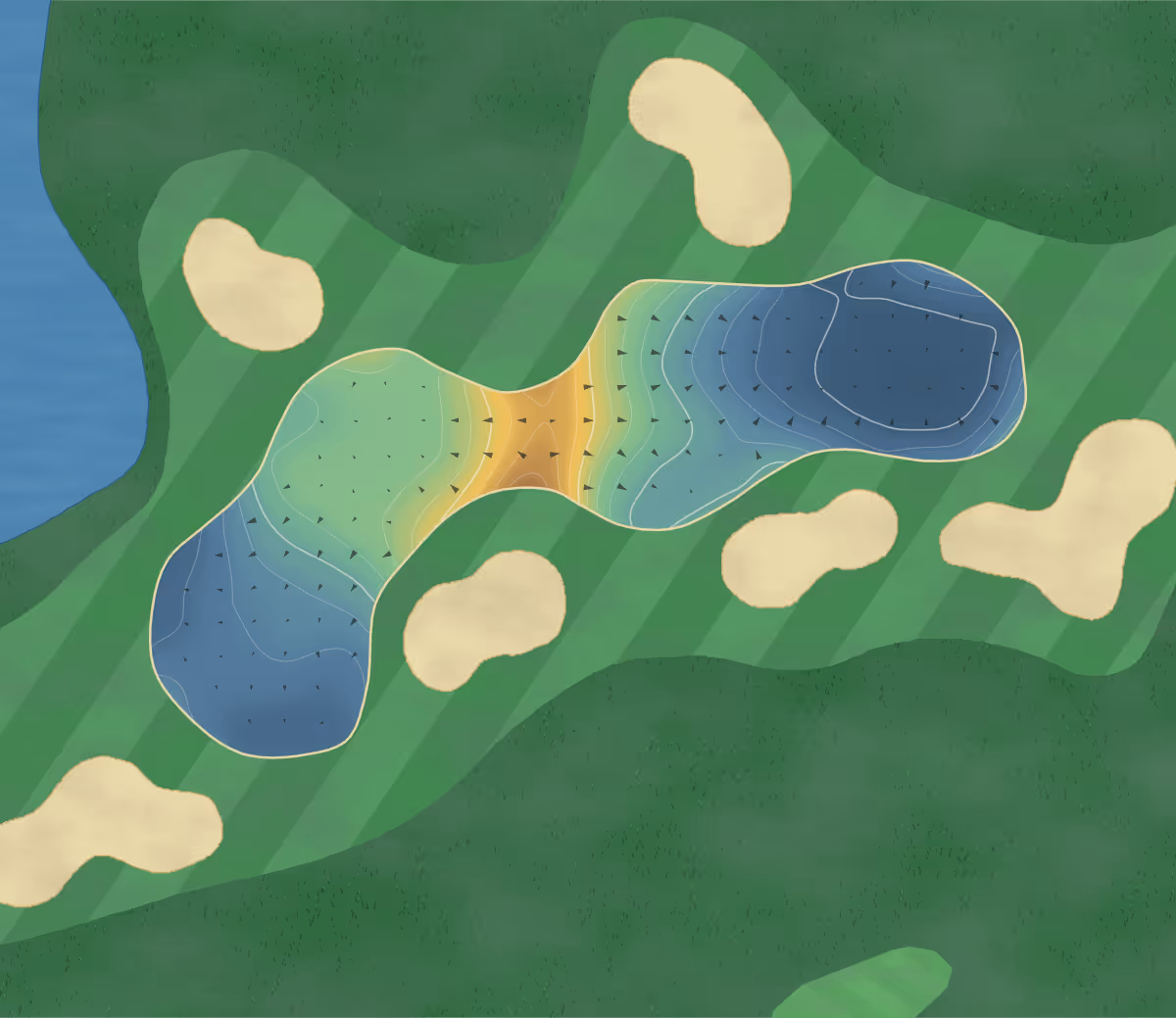 Green contour map of Palmer Gold Coast in Robina, Australia — 213 elevation contours at a 8-centimeter interval with fall-line arrows, traced from 1-meter lidar