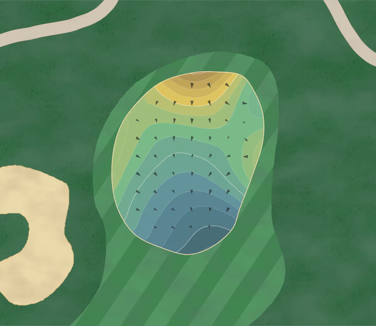 Green contour map of Palmer Legends in The Villages, Florida — 128 elevation contours at a 3-inch interval with fall-line arrows, traced from 1-meter lidar