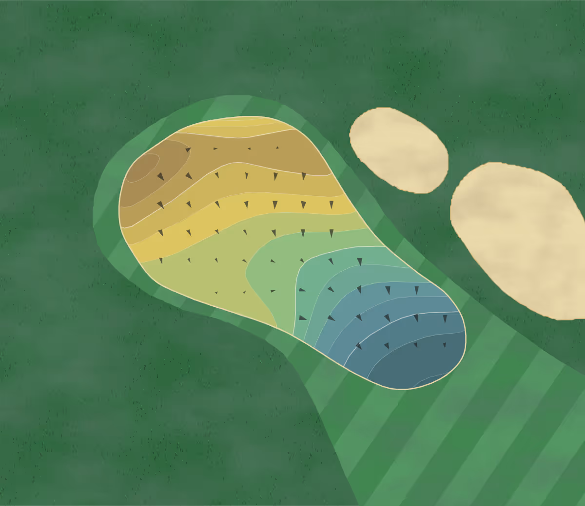 Green contour map of Fazio Course in Hilton Head, South Carolina — 160 elevation contours at a 3-inch interval with fall-line arrows, traced from 1-meter lidar