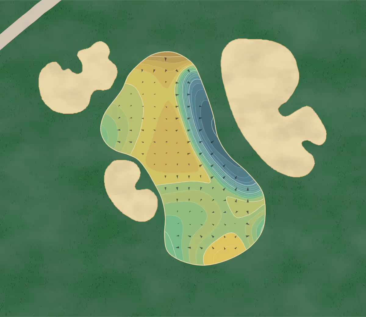 Green contour map of RTJ Course in Hilton Head, South Carolina — 214 elevation contours at a 3-inch interval with fall-line arrows, traced from 1-meter lidar