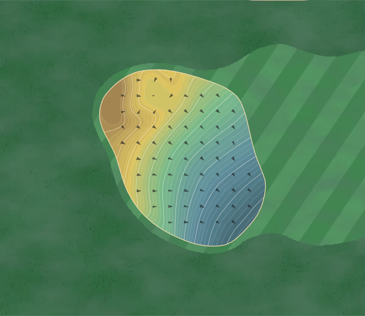 Green contour map of Palo Alto Hills in Palo Alto, California — 395 elevation contours at a 3-inch interval with fall-line arrows, traced from 1-meter lidar