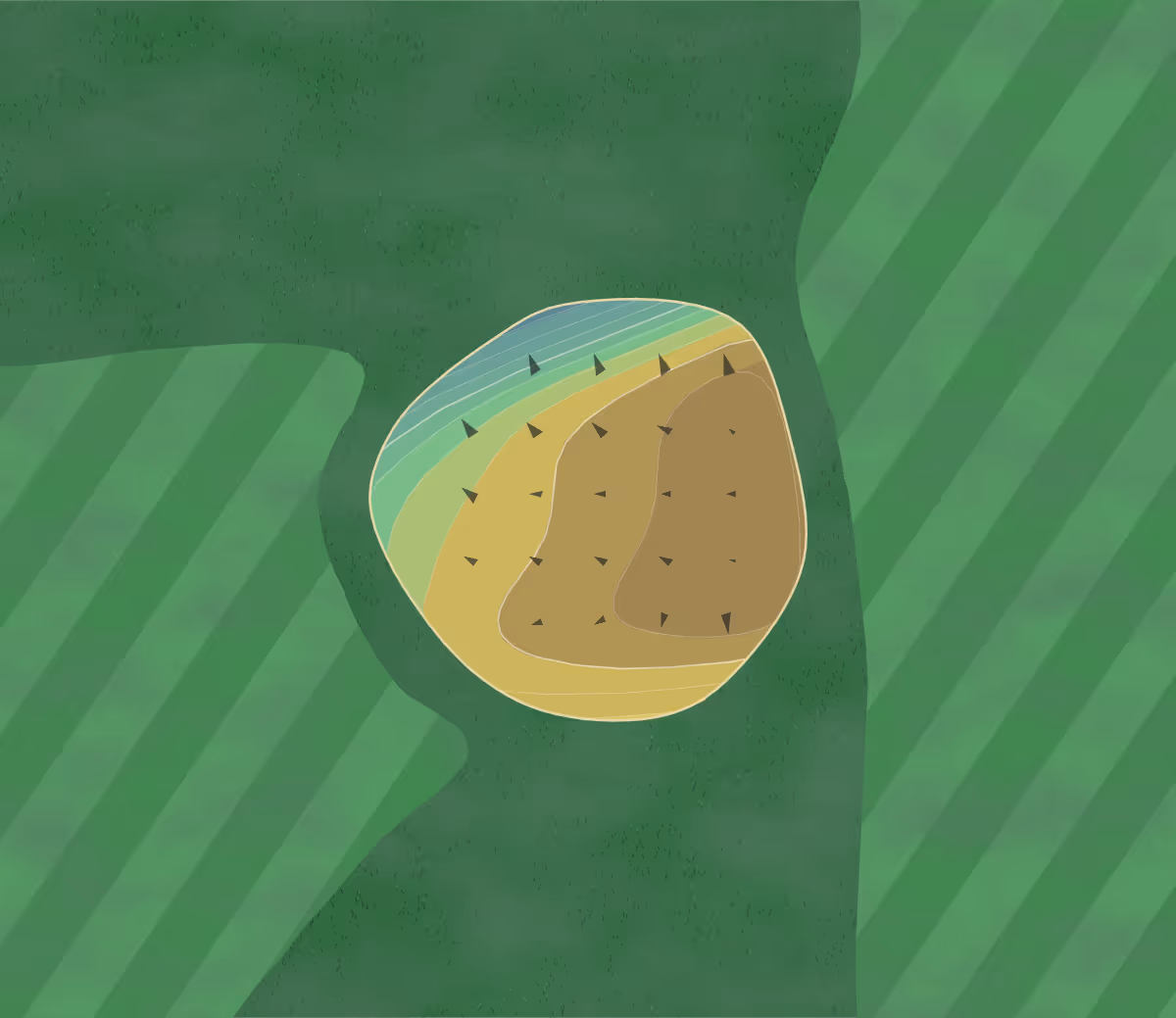 Green contour map of Pan Yack Park Golf Course in Kansasville, Wisconsin — 64 elevation contours at a 3-inch interval with fall-line arrows, traced from 1-meter lidar