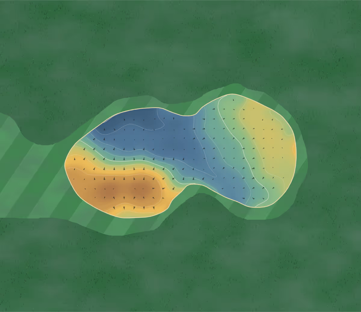 Green contour map of Panmure in Carnoustie, Scotland: 144 elevation contours at a 8-centimeter interval with fall-line arrows, traced from 1-meter lidar