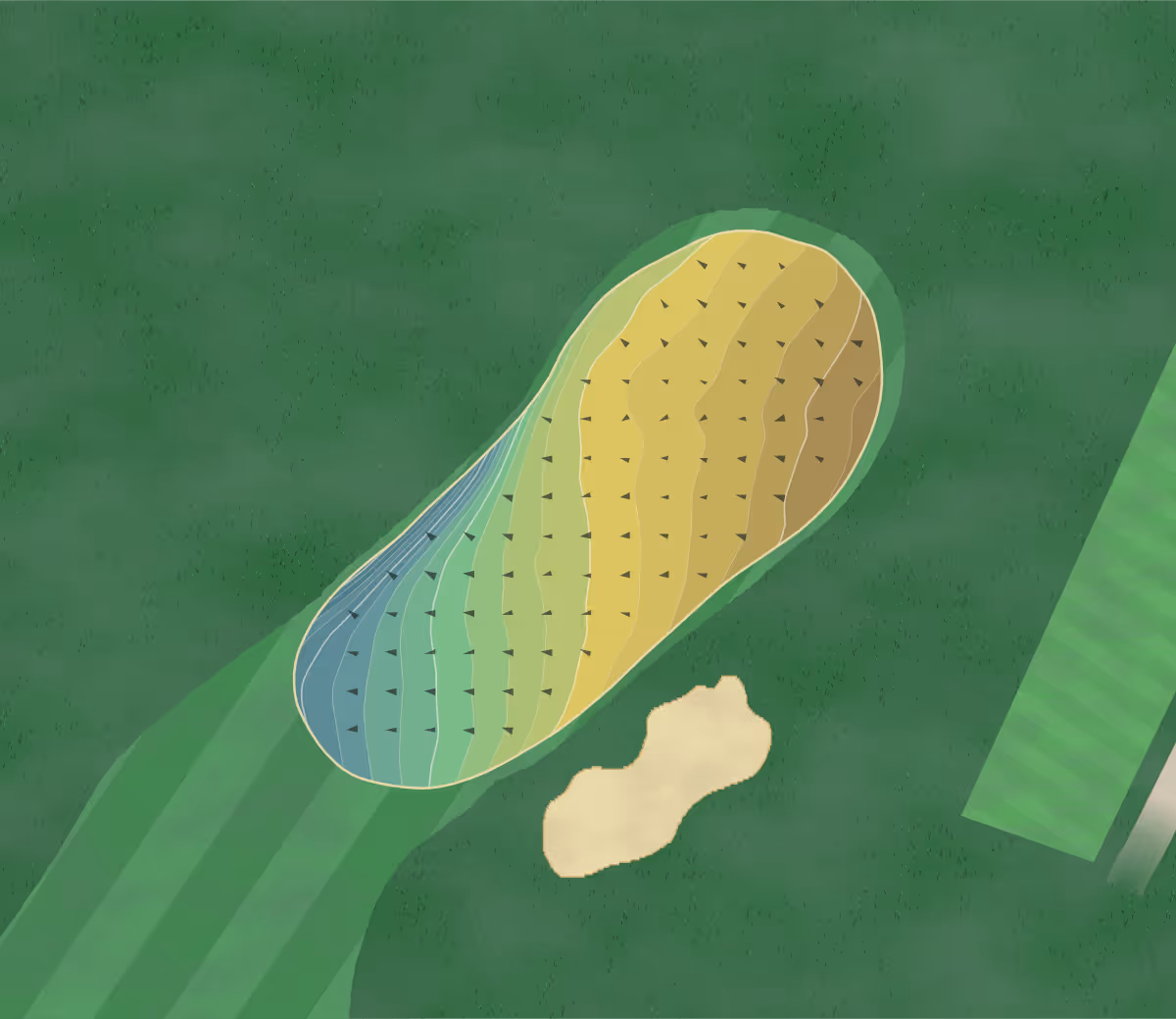 Green contour map of Pannal GC in Harrogate, England — 175 elevation contours at a 8-centimeter interval with fall-line arrows, traced from 1-meter lidar