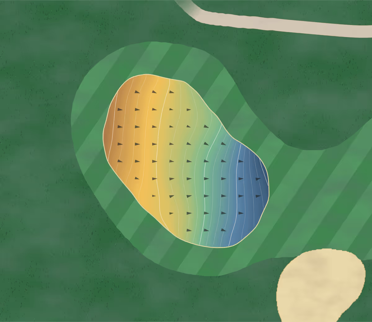 Green contour map of Paradise Valley in Fayetteville, Arkansas: 175 elevation contours at a 3-inch interval with fall-line arrows, traced from 1-meter lidar