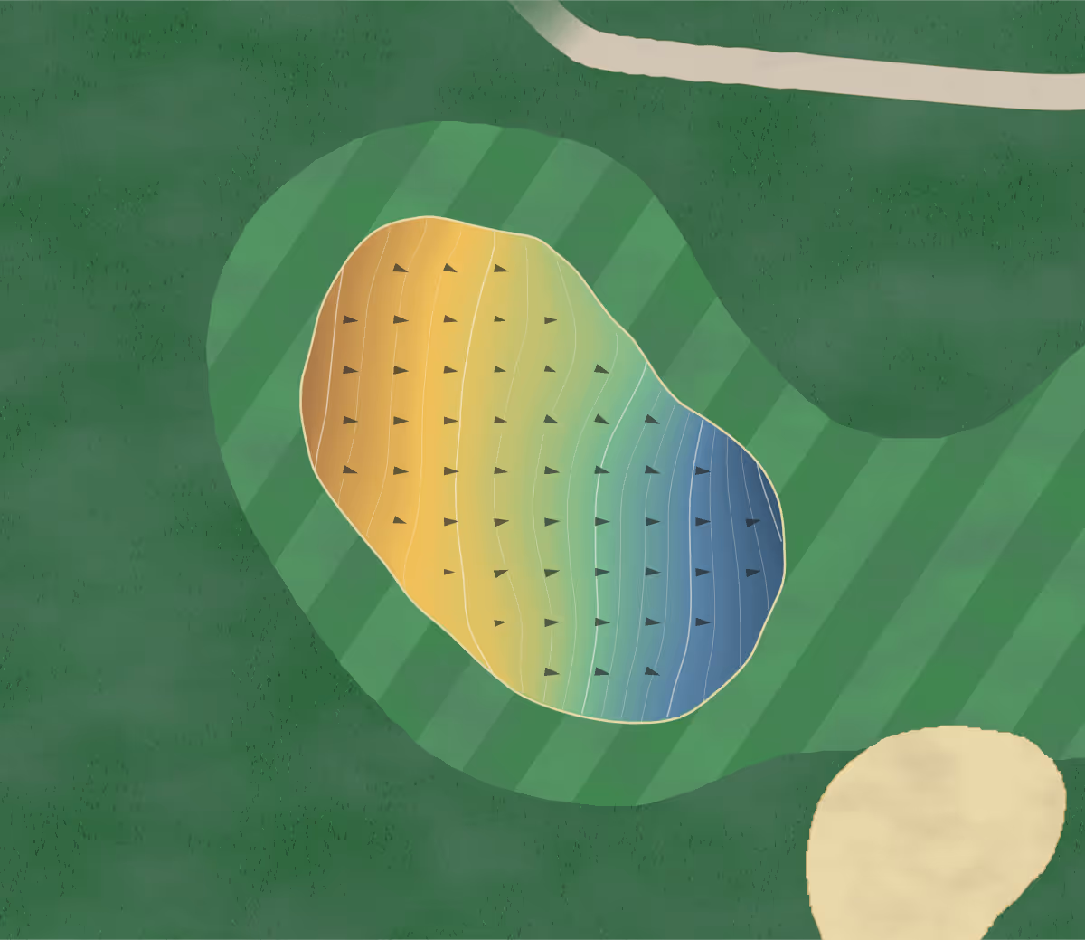 Green contour map of Paradise Valley Golf and Athletic in Fayetteville, Arkansas — 174 elevation contours at a 3-inch interval with fall-line arrows, traced from 1-meter lidar