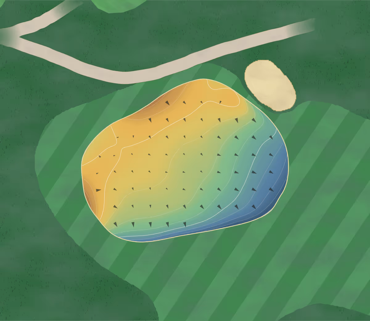Green contour map of Paraparaumu Beach in Paraparaumu Beach, New Zealand — 175 elevation contours at a 8-centimeter interval with fall-line arrows, traced from 1-meter lidar