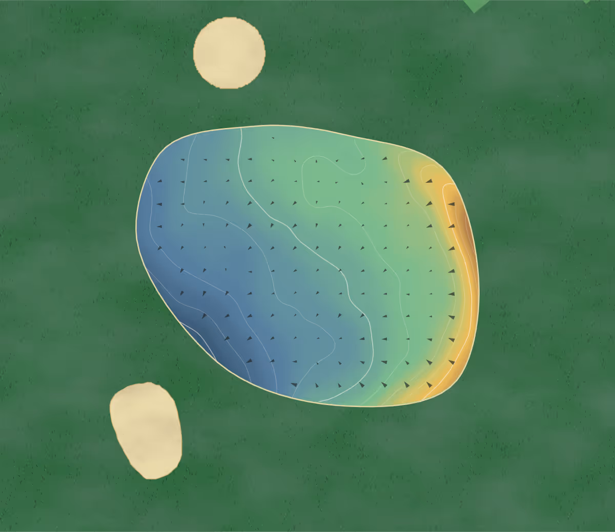 Green contour map of Parc in Newport., United Kingdom — 31 elevation contours at a 8-centimeter interval with fall-line arrows, traced from 1-meter lidar