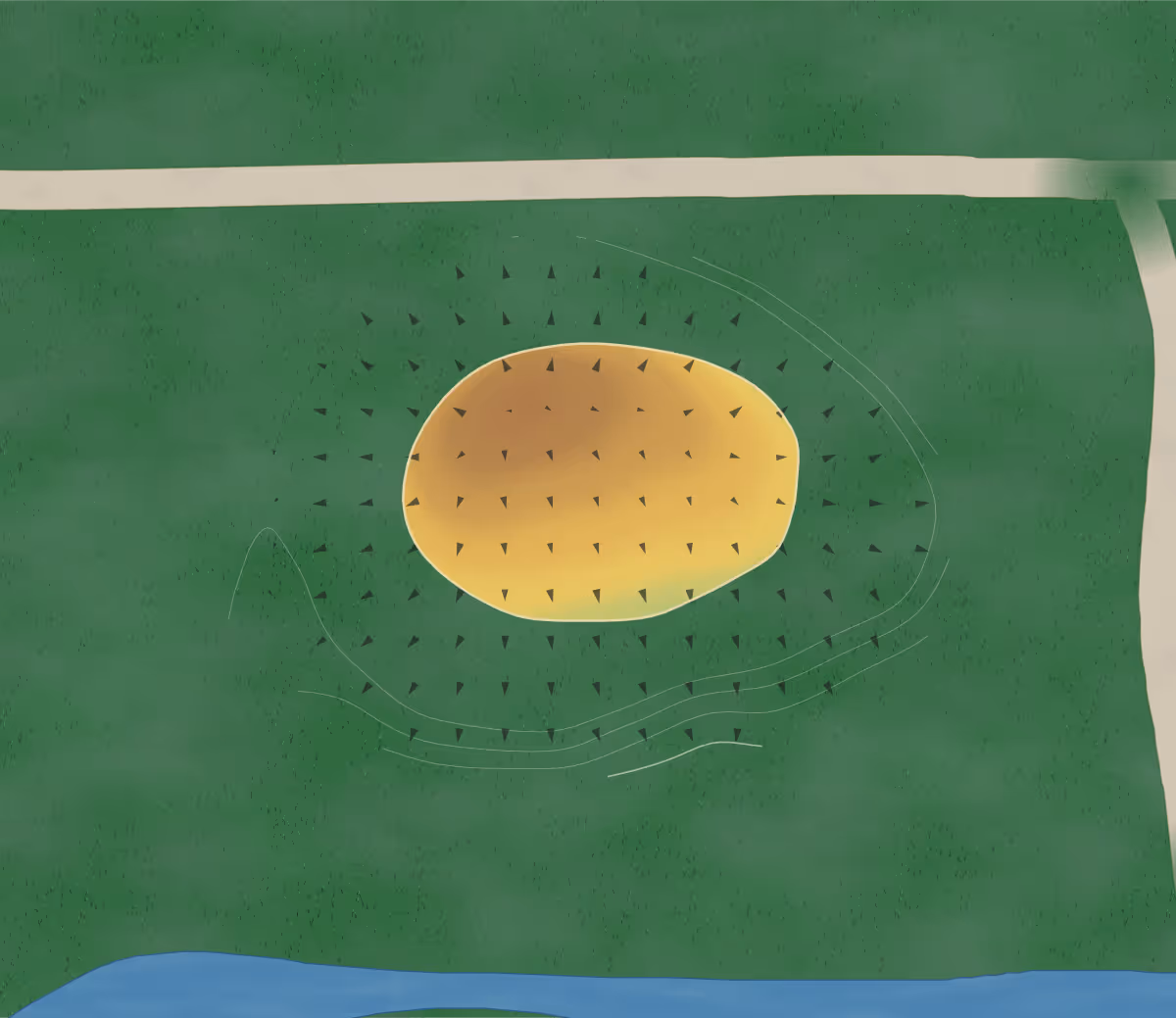Green contour map of Parkston in Parkston, South Dakota: 75 elevation contours at a 3-inch interval with fall-line arrows, traced from 1-meter lidar