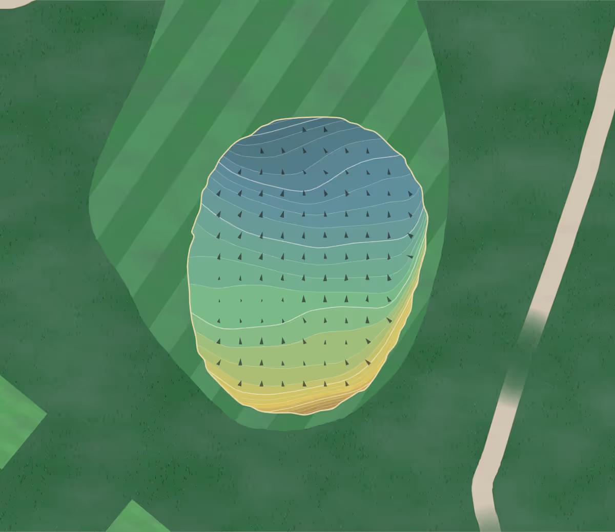 Green contour map of Parkstone GC in Poole, England — 288 elevation contours at a 8-centimeter interval with fall-line arrows, traced from 1-meter lidar