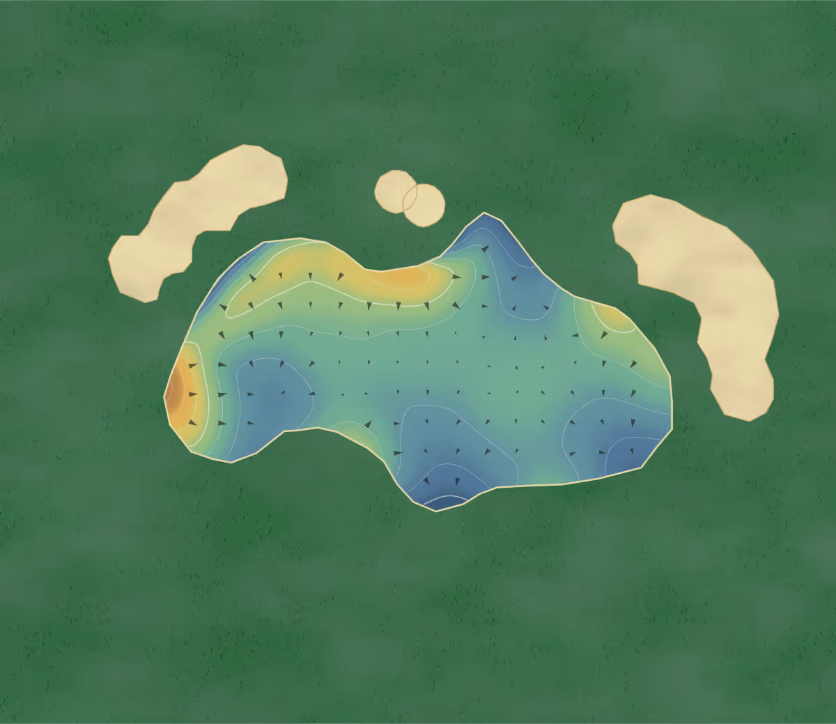 Green contour map of Parley in Christchurch, England: 67 elevation contours at a 8-centimeter interval with fall-line arrows, traced from 1-meter lidar