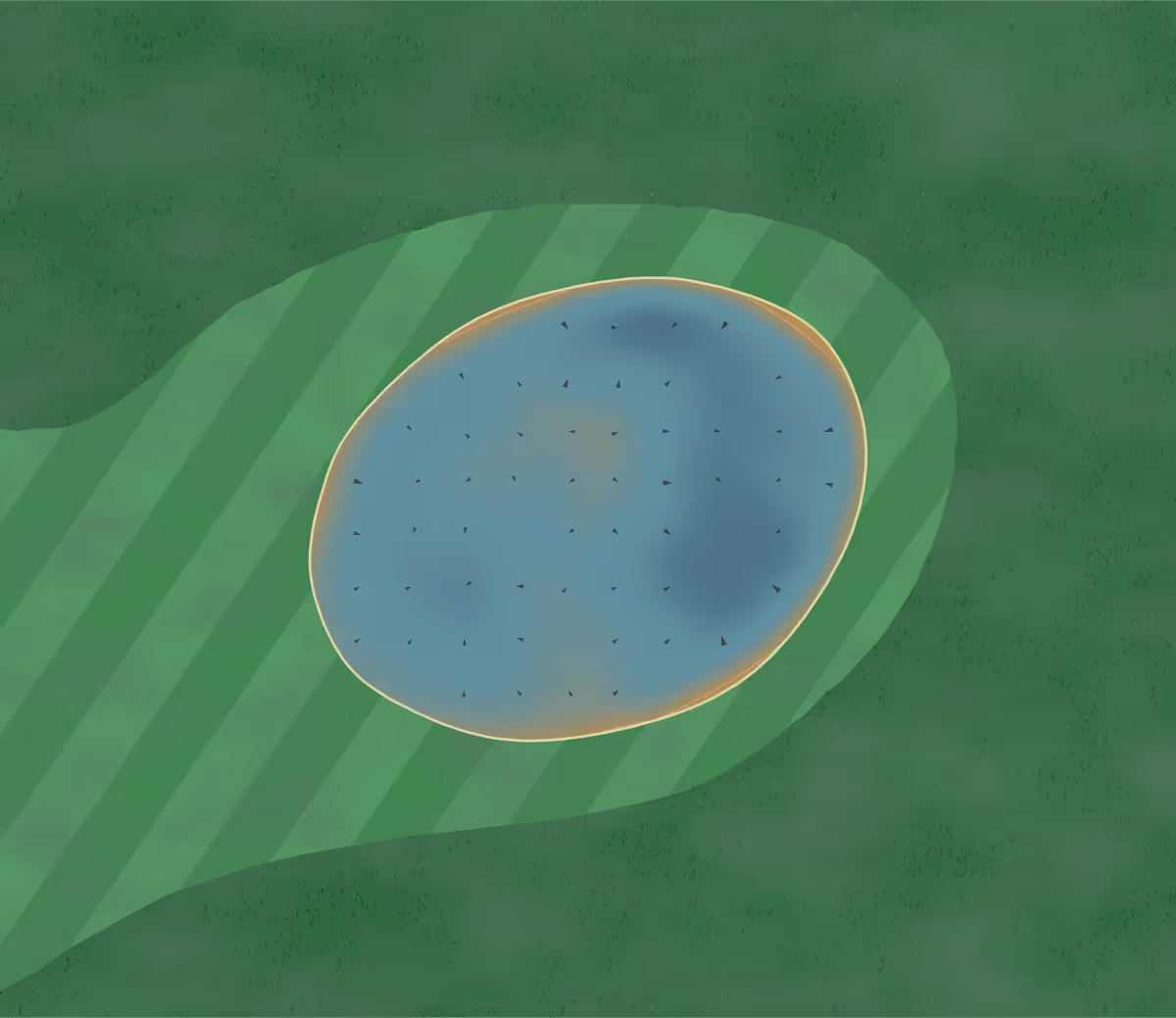 Green contour map of Parley in Christchurch, England — 33 elevation contours at a 8-centimeter interval with fall-line arrows, traced from 1-meter lidar