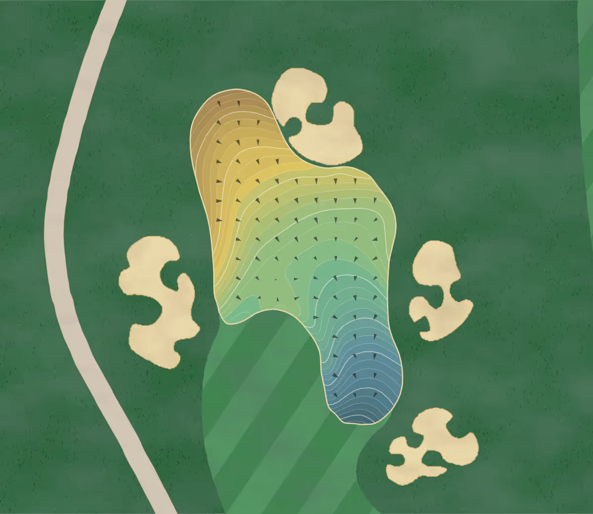 Green contour map of Pasatiempo in Santa Cruz, California — 468 elevation contours at a 3-inch interval with fall-line arrows, traced from 1-meter lidar