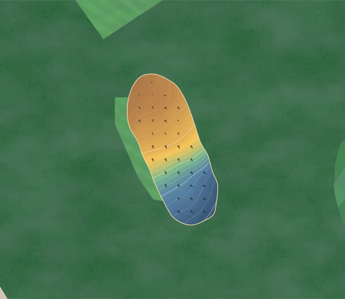 Green contour map of Pastures in Derby, England: 68 elevation contours at a 8-centimeter interval with fall-line arrows, traced from 1-meter lidar