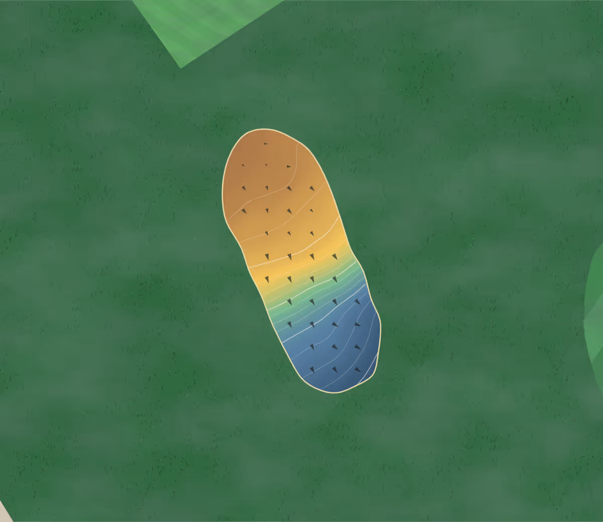 Green contour map of Pastures in Derby, England — 68 elevation contours at a 8-centimeter interval with fall-line arrows, traced from 1-meter lidar