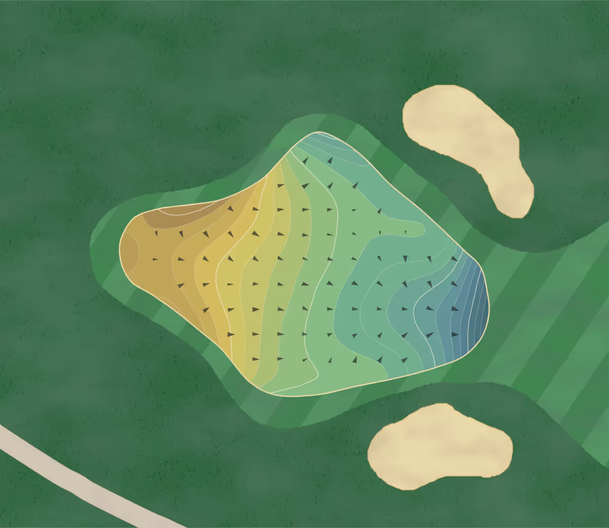 Green contour map of Patriot GC in Bedford, Massachusetts — 127 elevation contours at a 3-inch interval with fall-line arrows, traced from 1-meter lidar