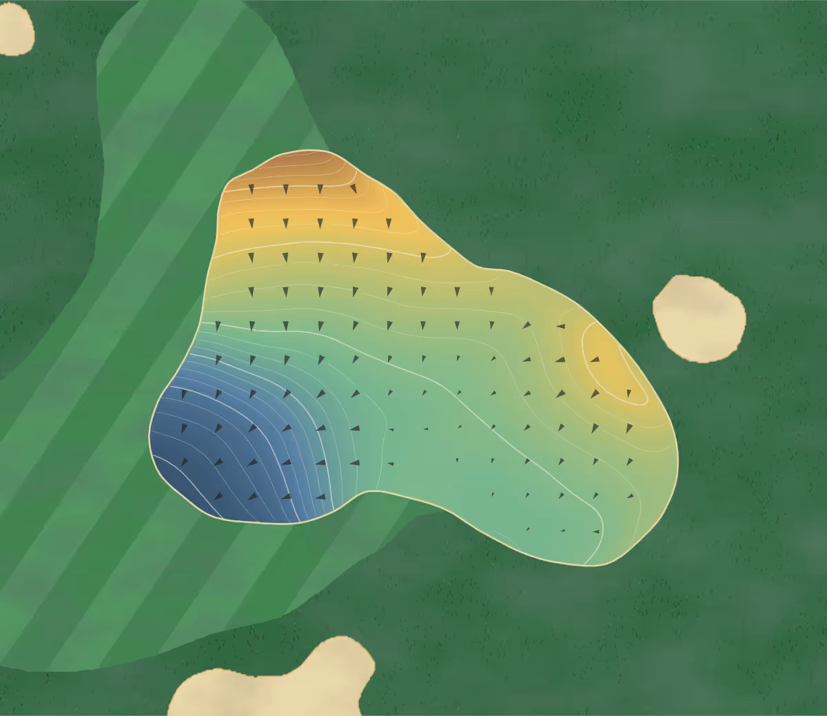 Green contour map of Patriot Golf Club at in Ninety Six, South Carolina — 220 elevation contours at a 3-inch interval with fall-line arrows, traced from 1-meter lidar
