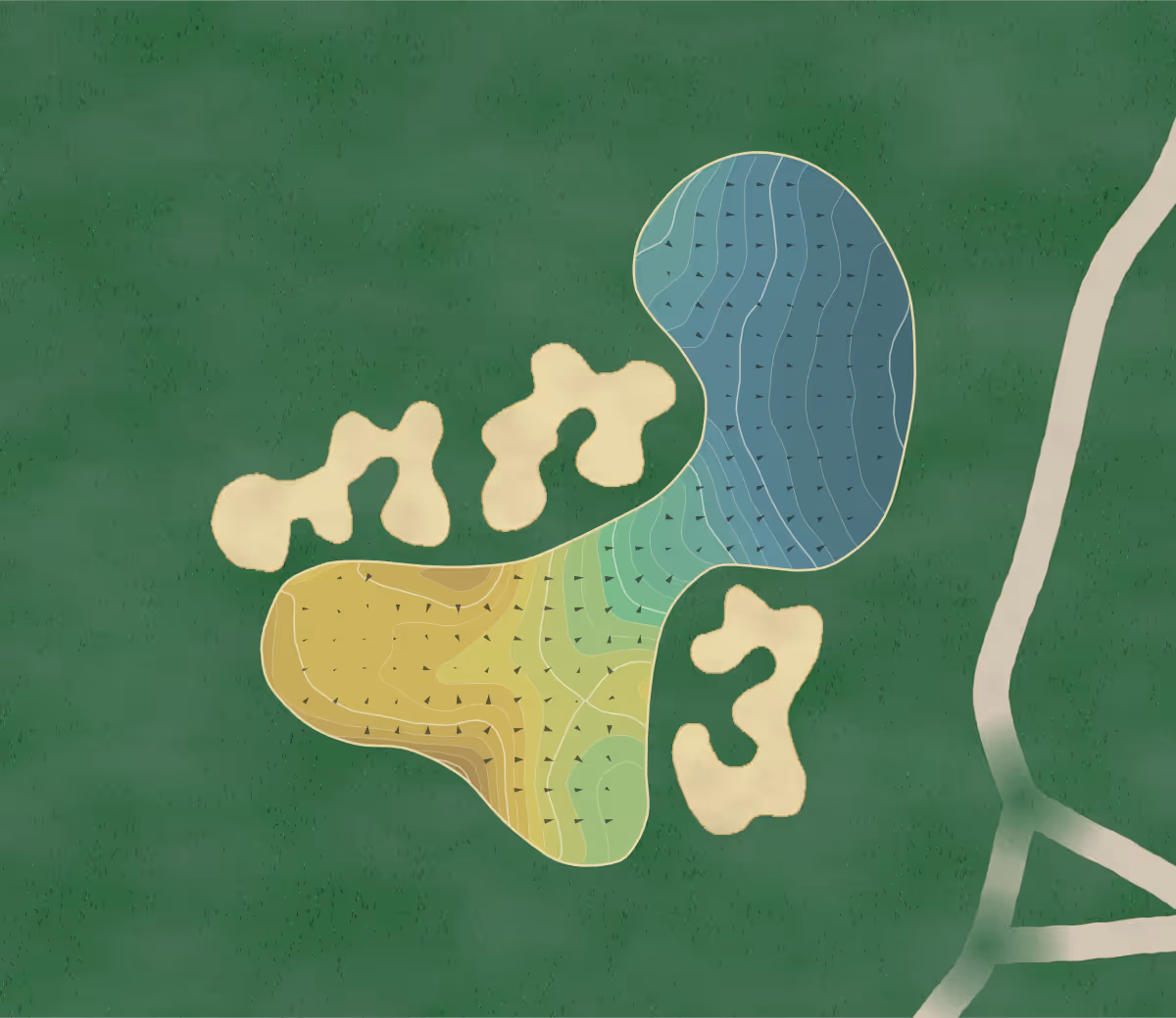 Green contour map of Patterson Club in Fairfield, Connecticut — 259 elevation contours at a 3-inch interval with fall-line arrows, traced from 1-meter lidar