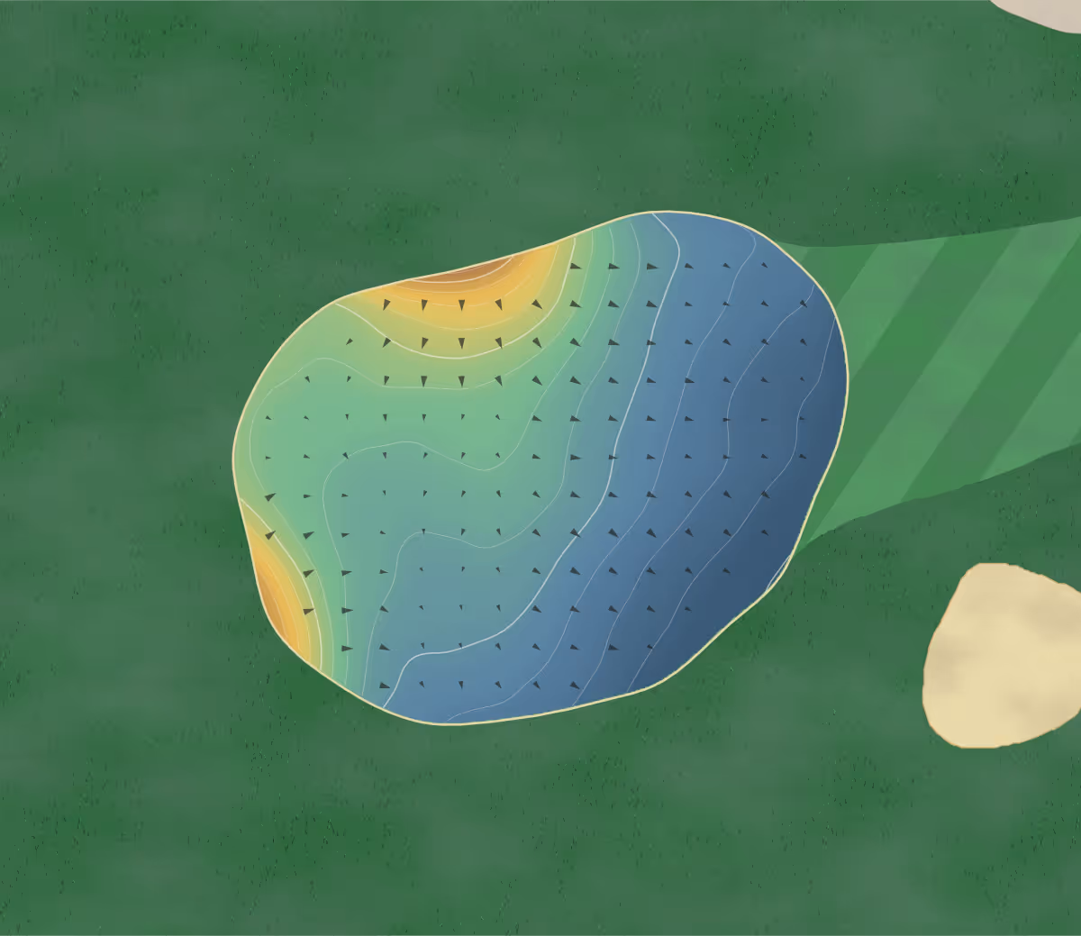 Green contour map of Paultons in Nr Romsey, Hampshire, England — 161 elevation contours at a 8-centimeter interval with fall-line arrows, traced from 1-meter lidar