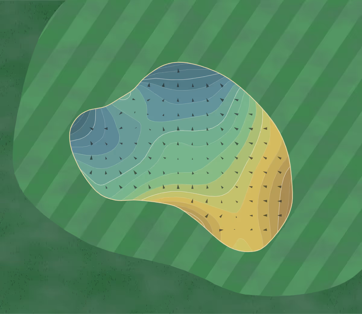Green contour map of Peachtree GC in Atlanta, Georgia — 290 elevation contours at a 3-inch interval with fall-line arrows, traced from 1-meter lidar
