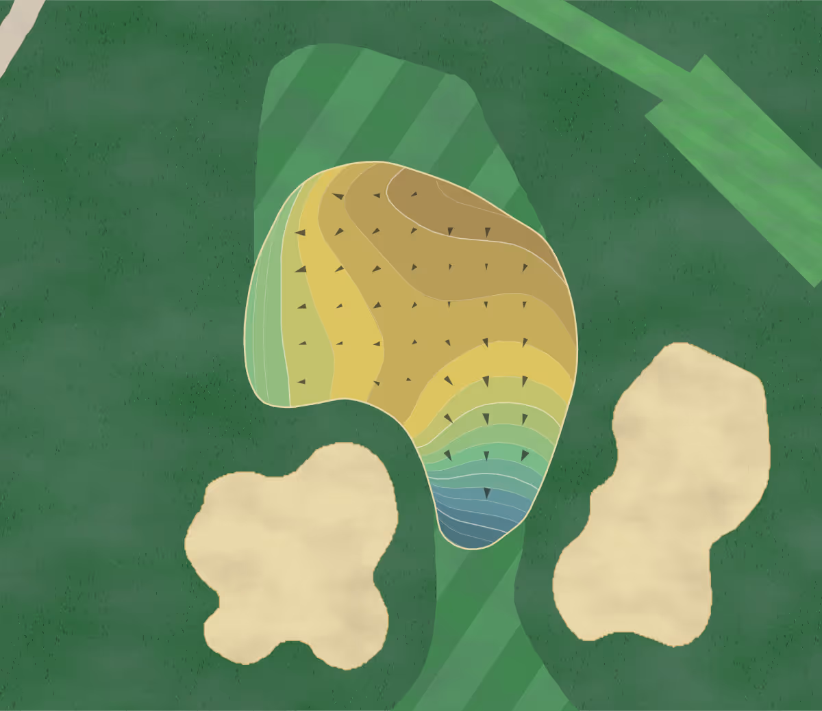 Green contour map of Pebble Beach in Pebble Beach, California — 214 elevation contours at a 3-inch interval with fall-line arrows, traced from 1-meter lidar