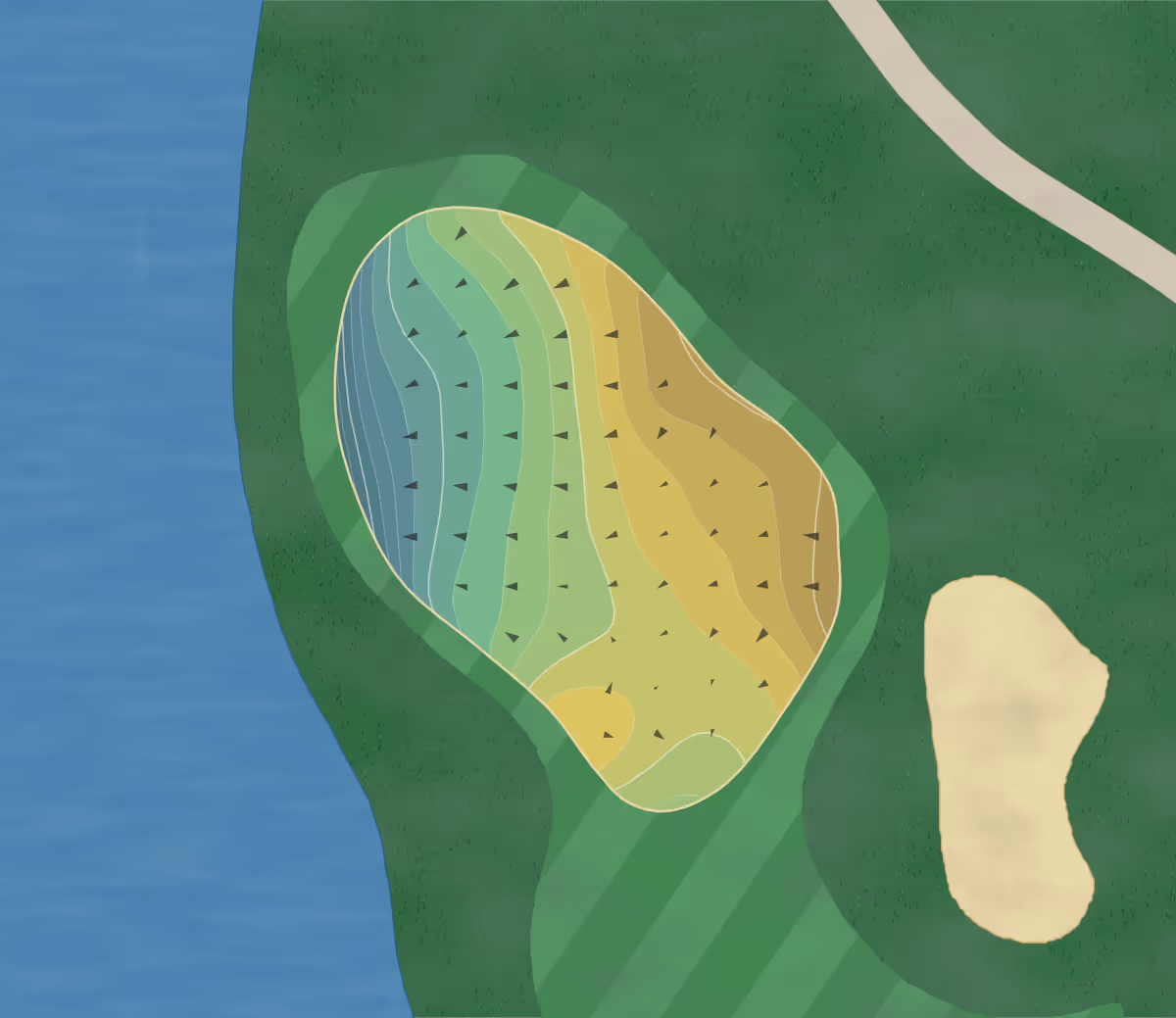 Green contour map of Pebble Creek in College Station, Texas — 243 elevation contours at a 3-inch interval with fall-line arrows, traced from 1-meter lidar