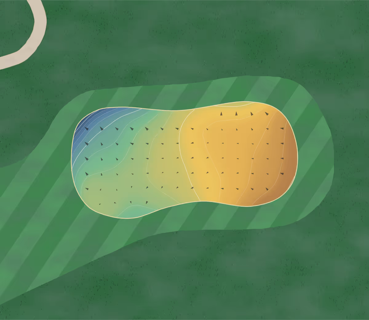 Green contour map of Pebble Creek in LeClaire, Iowa — 96 elevation contours at a 3-inch interval with fall-line arrows, traced from 1-meter lidar
