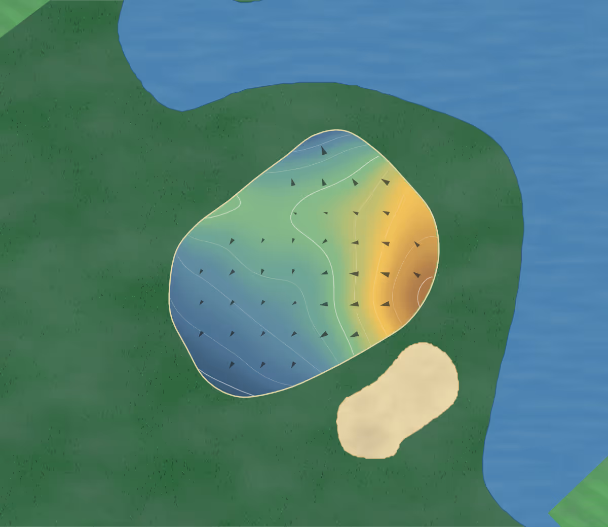 Green contour map of Pebble Creek Golf in Taylors, South Carolina — 149 elevation contours at a 3-inch interval with fall-line arrows, traced from 1-meter lidar