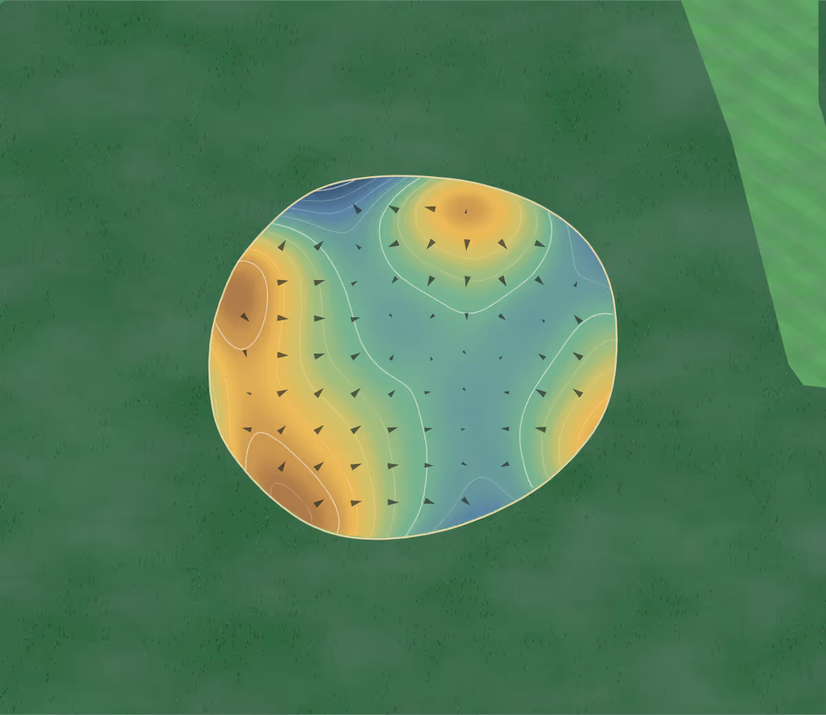 Green contour map of Pebblestone in Courtice, Canada: 55 elevation contours at a 8-centimeter interval with fall-line arrows, traced from 1-meter lidar