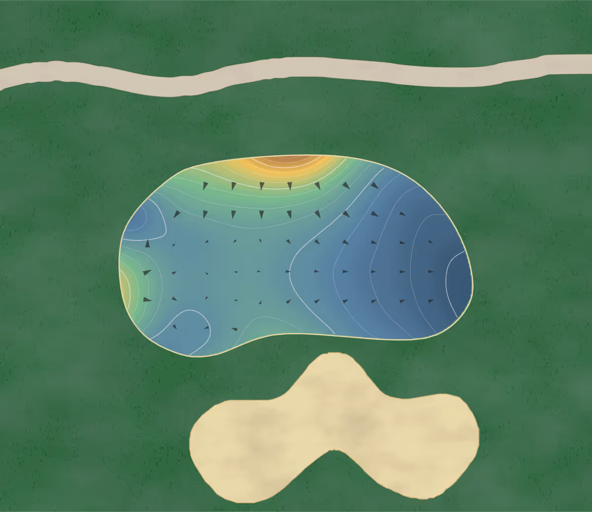 Green contour map of Pecan Course in Mansfield, Texas: 171 elevation contours at a 3-inch interval with fall-line arrows, traced from 1-meter lidar