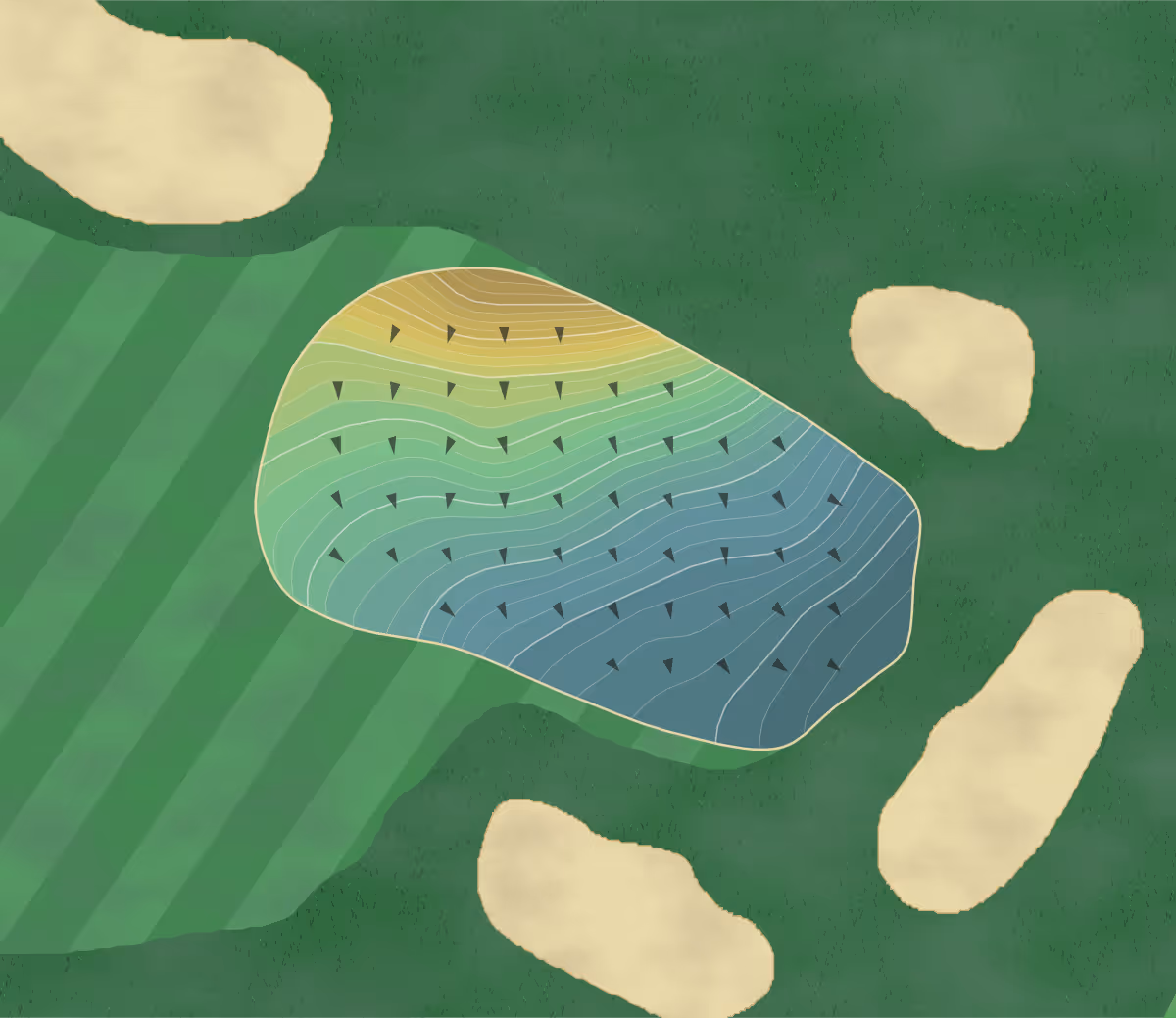Green contour map of Pelham CC in Pelham Manor, New York — 310 elevation contours at a 3-inch interval with fall-line arrows, traced from 1-meter lidar