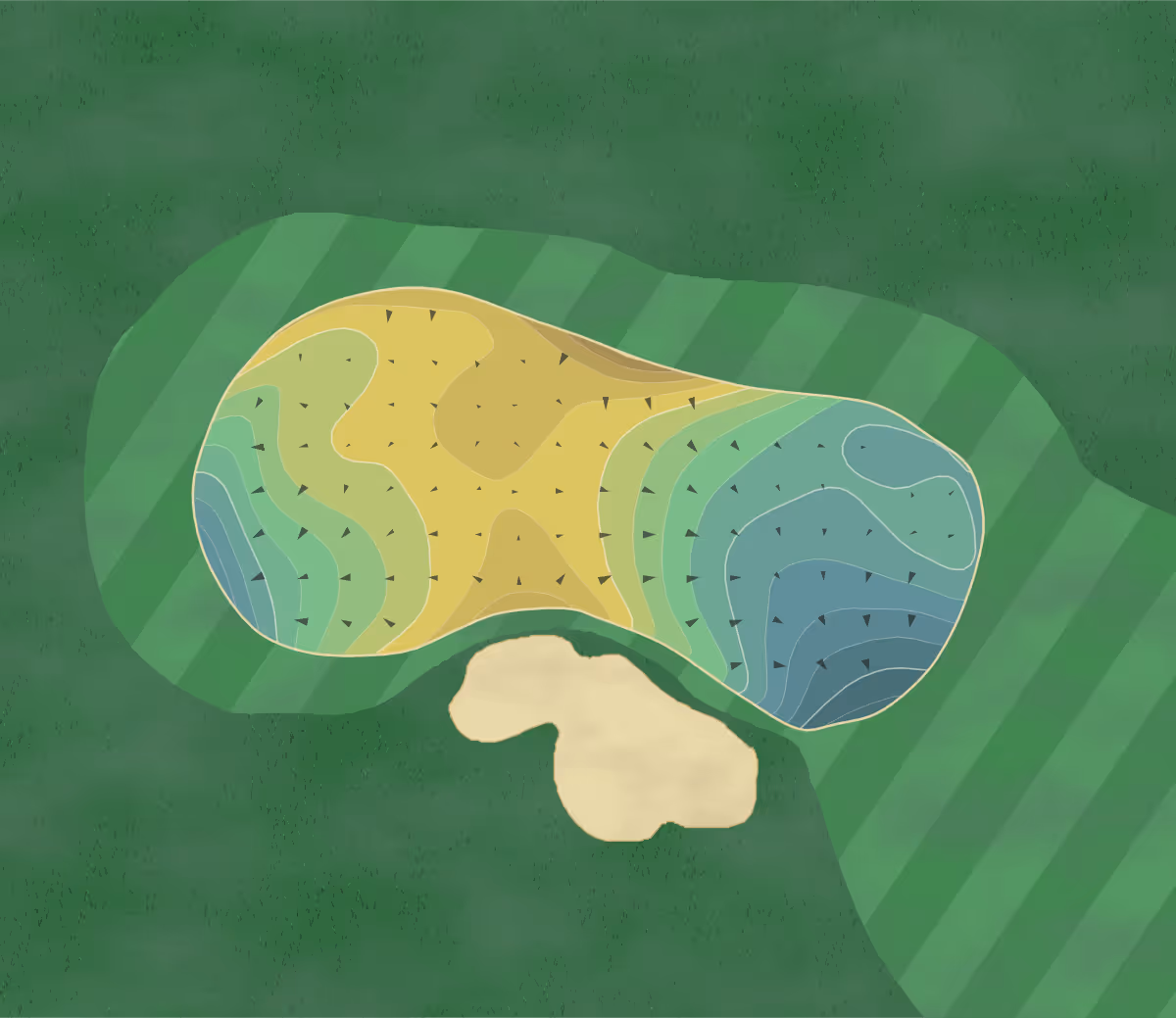 Green contour map of Pelican Hill in Newport Beach, California — 14 elevation contours at a 3-inch interval with fall-line arrows, traced from 1-meter lidar