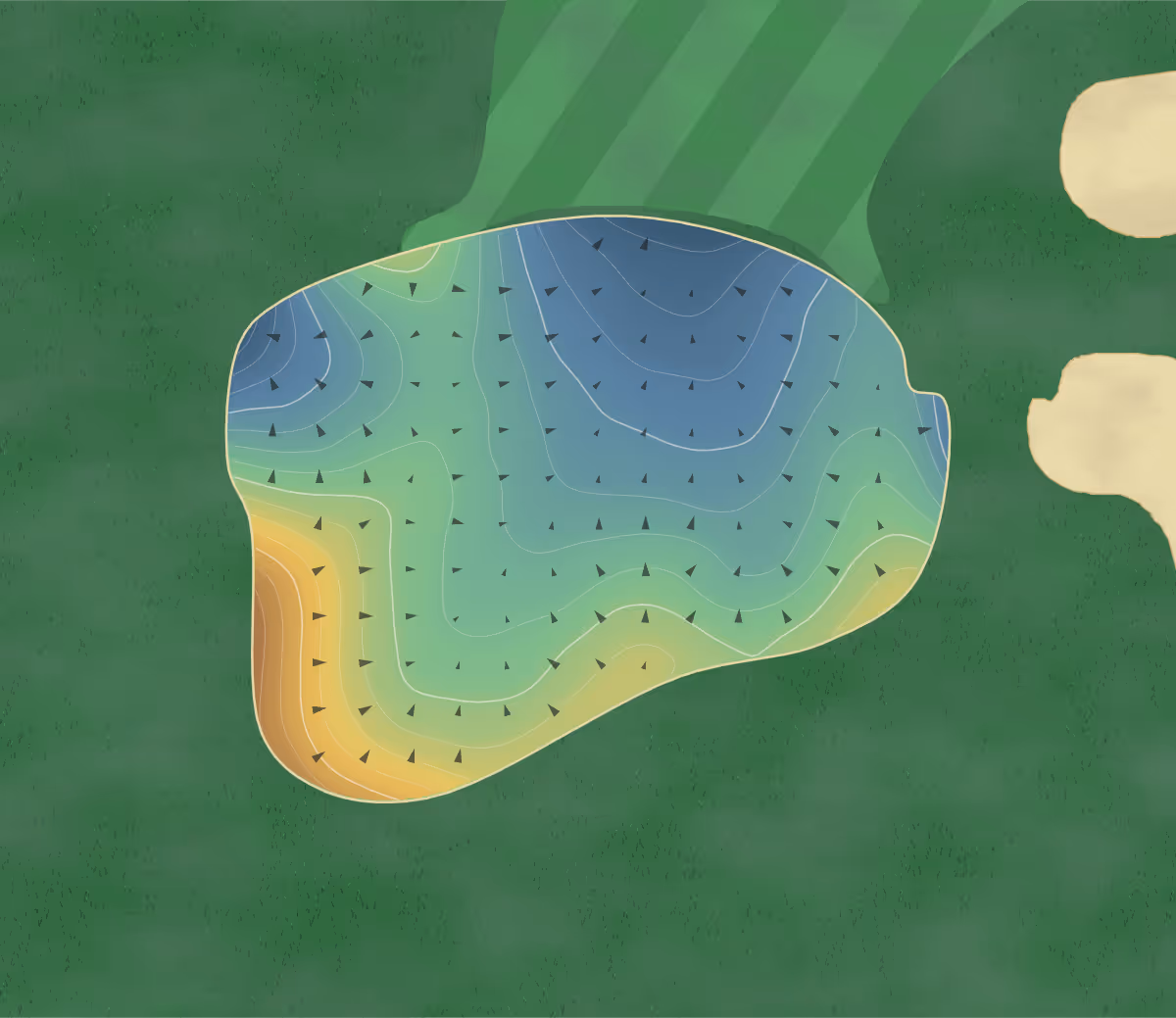 Green contour map of Pelican Lakes in Greeley, Colorado: 308 elevation contours at a 3-inch interval with fall-line arrows, traced from 1-meter lidar