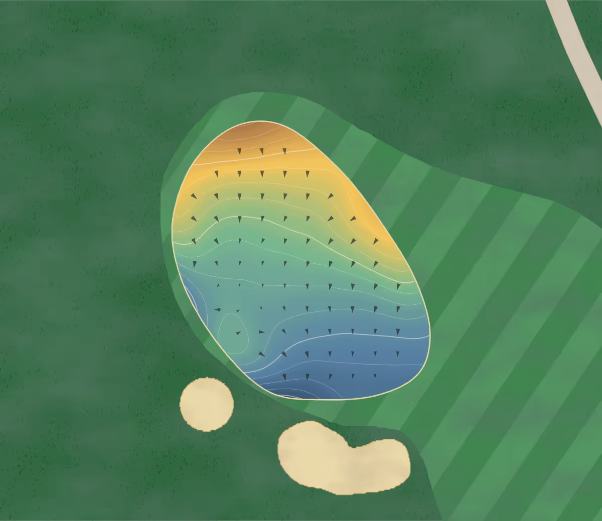 Green contour map of Pender Harbour in Madeira Park, Canada — 97 elevation contours at a 8-centimeter interval with fall-line arrows, traced from 1-meter lidar