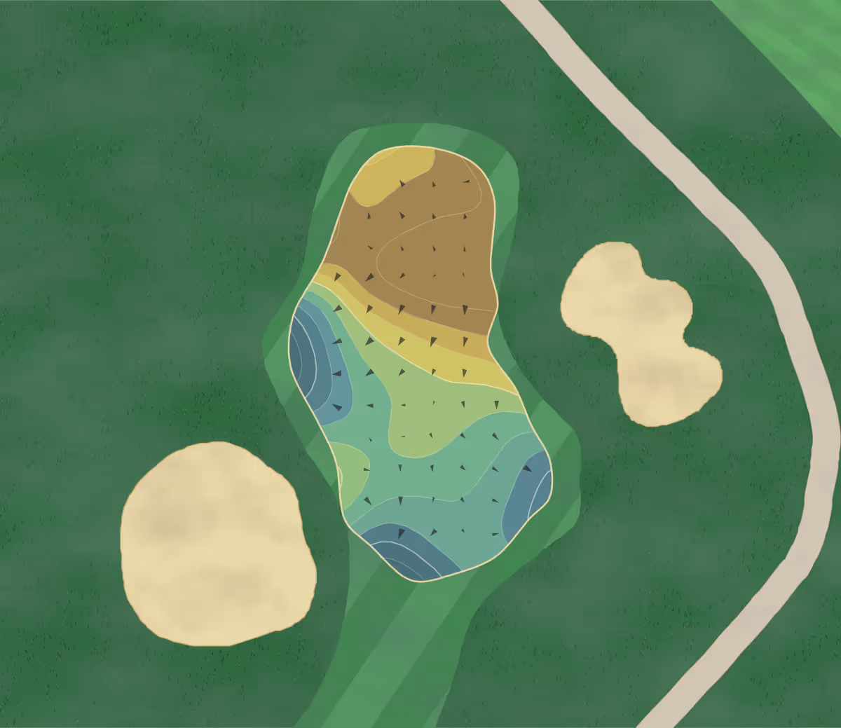 Green contour map of Penderbrook GC in Fairfax, Virginia — 159 elevation contours at a 3-inch interval with fall-line arrows, traced from 1-meter lidar