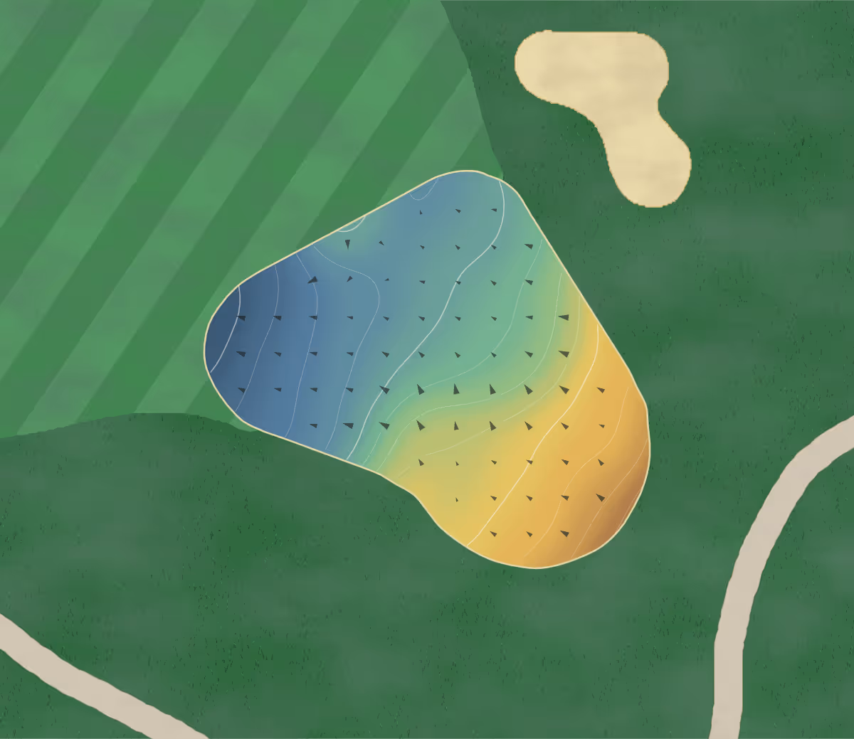 Green contour map of Peninsula Lakes in Fenwick, Canada — 139 elevation contours at a 8-centimeter interval with fall-line arrows, traced from 1-meter lidar