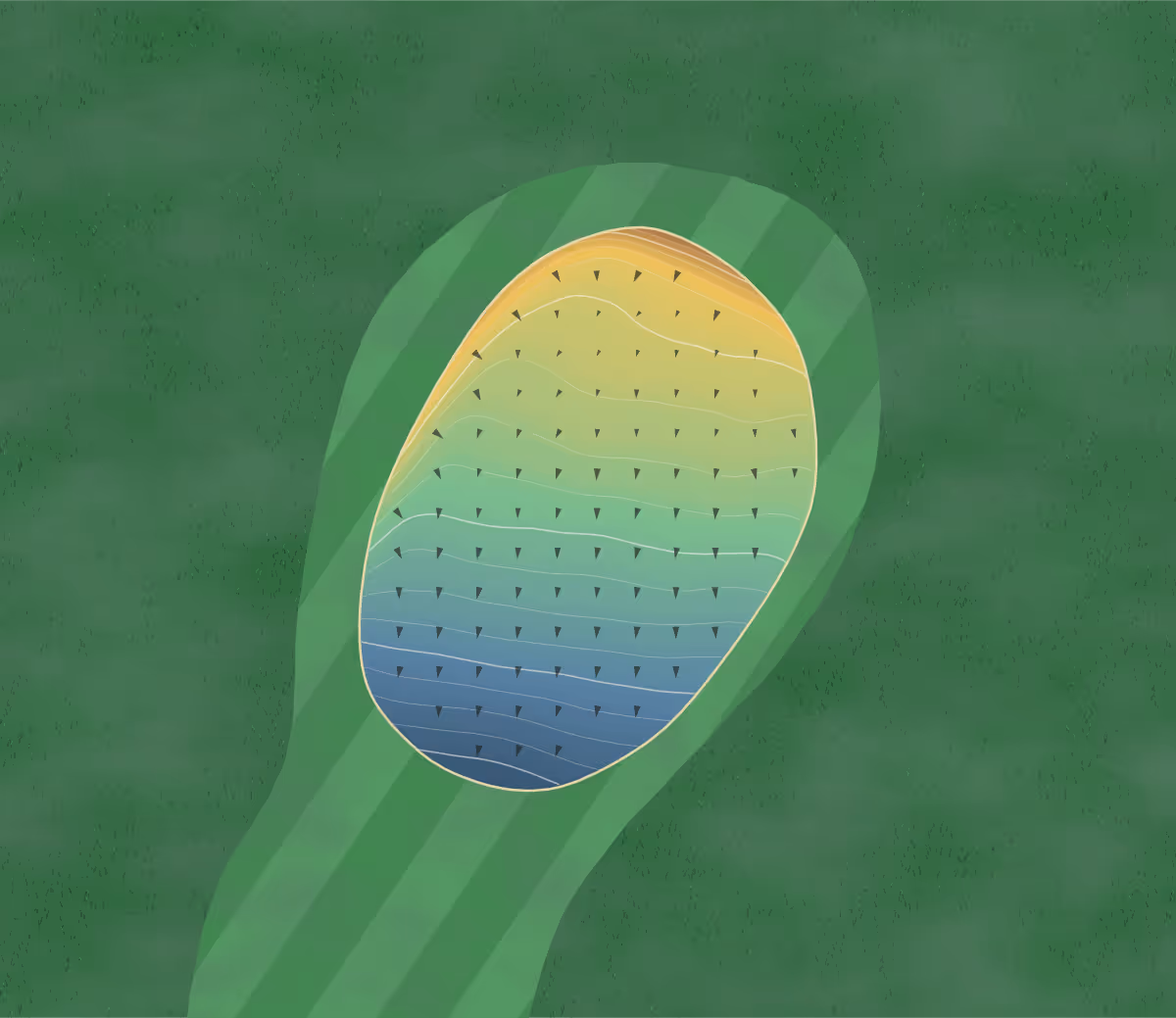 Green contour map of Penn Common in Wolverhampton, England: 187 elevation contours at a 8-centimeter interval with fall-line arrows, traced from 1-meter lidar