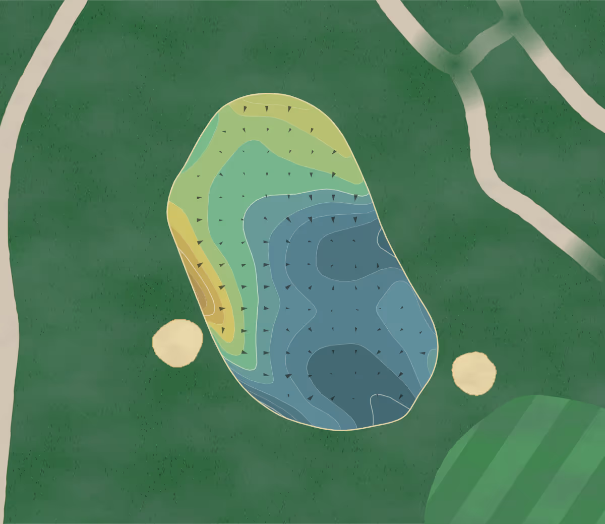 Green contour map of Pensacola CC in Pensacola, Florida — 170 elevation contours at a 3-inch interval with fall-line arrows, traced from 1-meter lidar