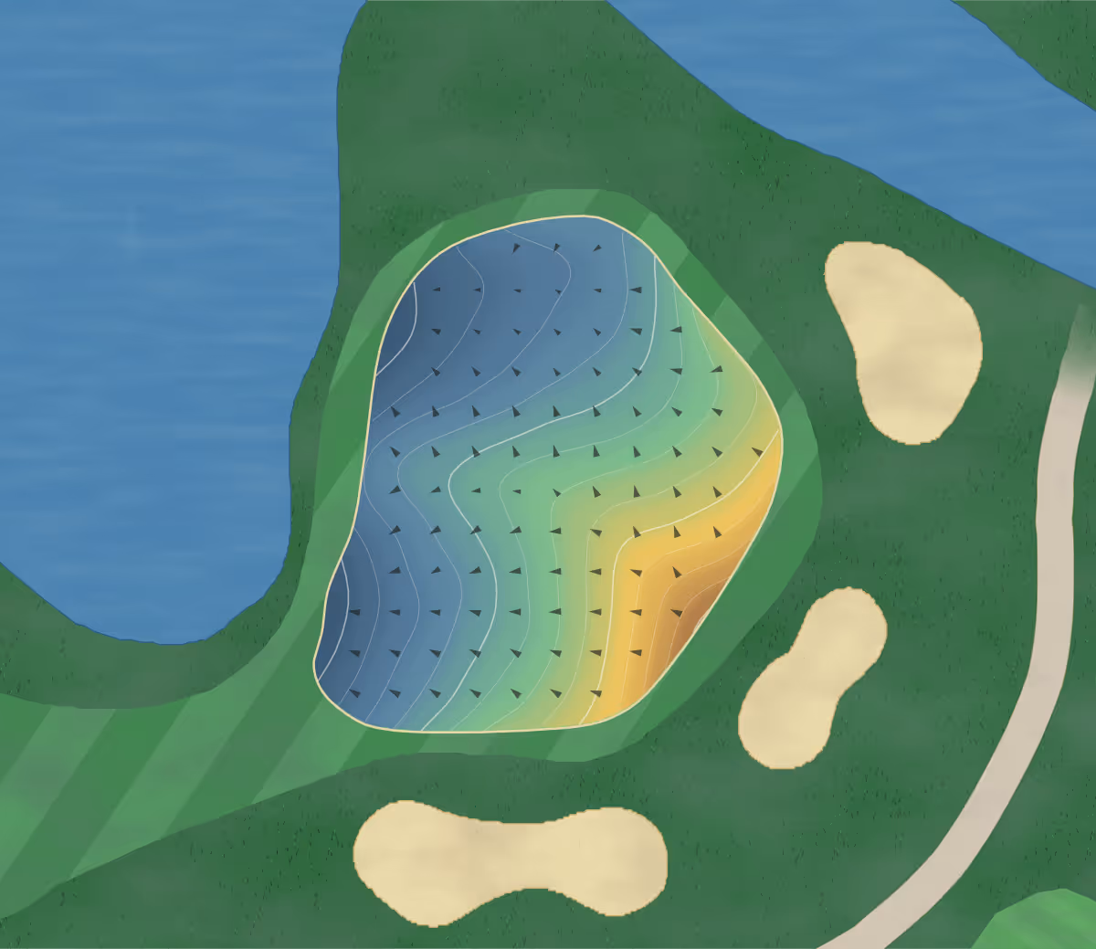 Green contour map of Penticton in Penticton, Canada: 137 elevation contours at a 8-centimeter interval with fall-line arrows, traced from 1-meter lidar