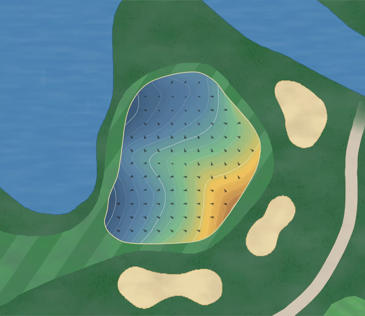 Green contour map of Penticton in Penticton, Canada — 137 elevation contours at a 8-centimeter interval with fall-line arrows, traced from 1-meter lidar