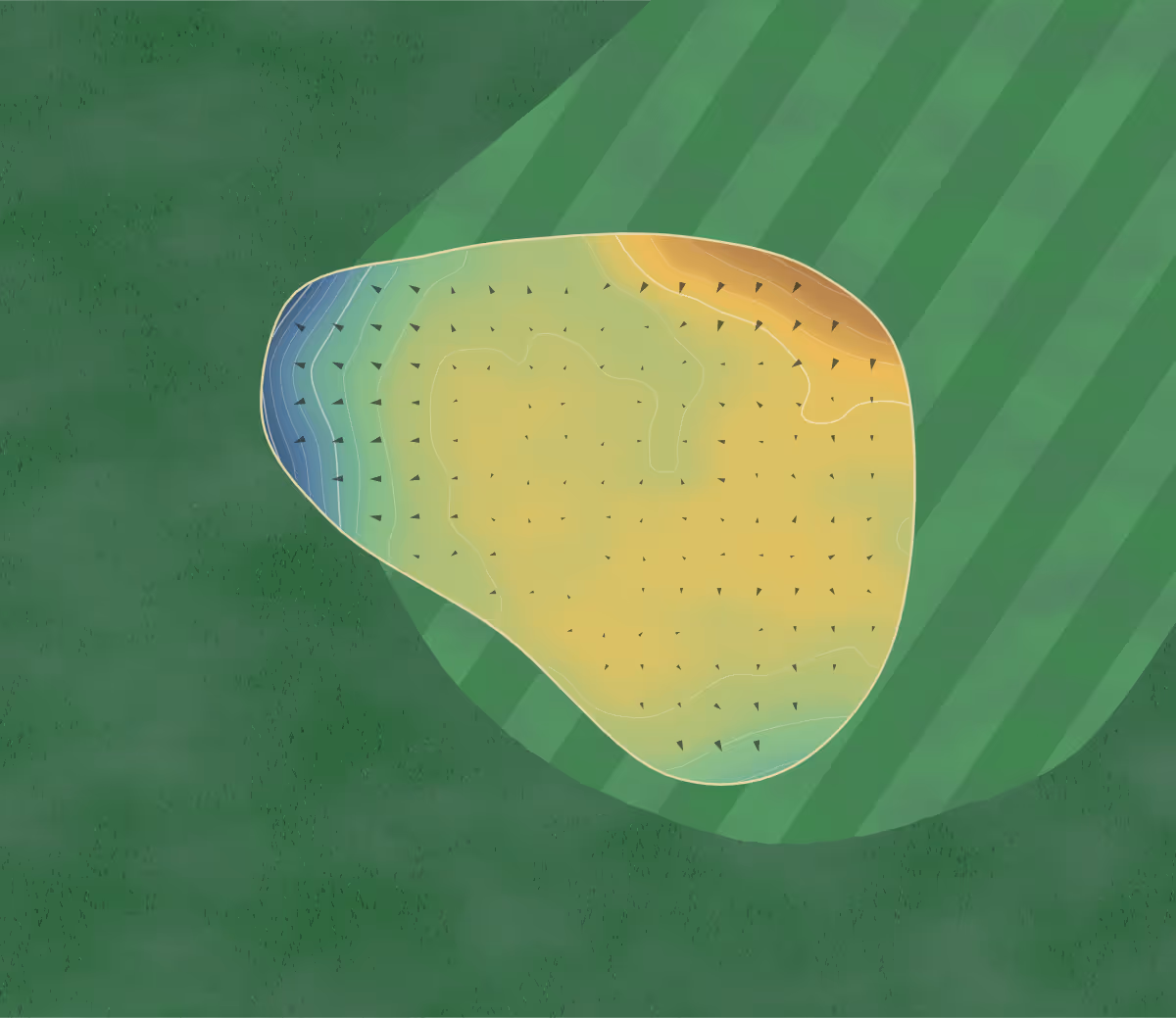 Green contour map of Percy Wood in Morpeth, England: 144 elevation contours at a 8-centimeter interval with fall-line arrows, traced from 1-meter lidar