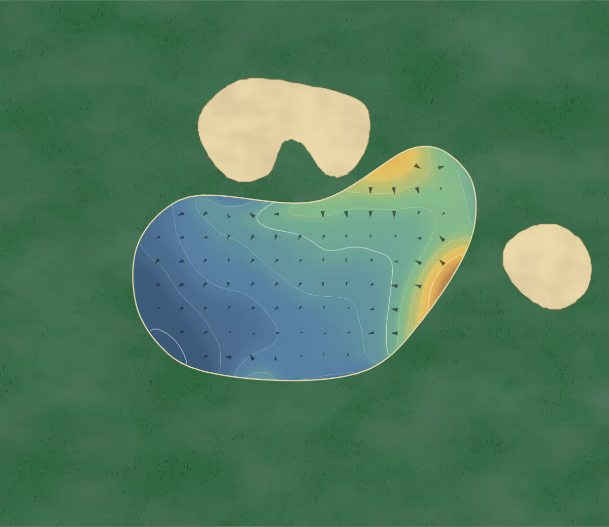 Green contour map of Perivale Park in Greenford, England: 38 elevation contours at a 8-centimeter interval with fall-line arrows, traced from 1-meter lidar