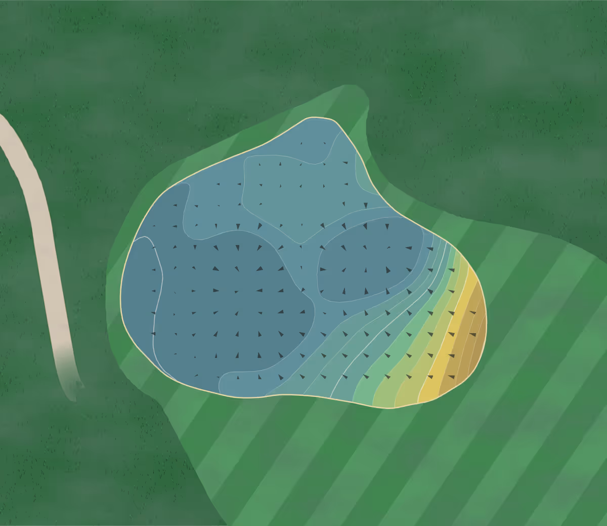 Green contour map of Perranporth GC in Perranporth, England — 213 elevation contours at a 8-centimeter interval with fall-line arrows, traced from 1-meter lidar