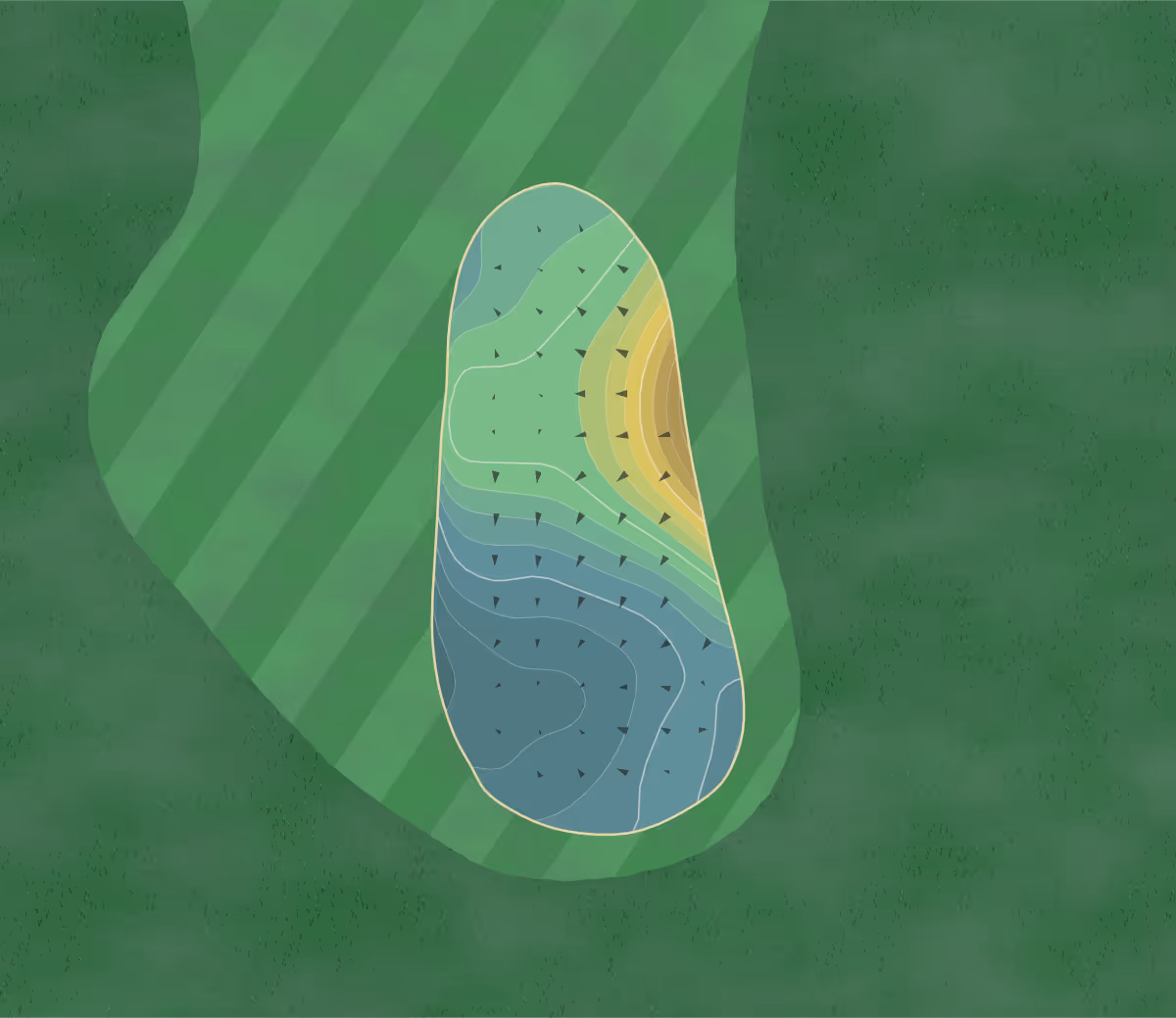 Green contour map of Pete Dye Challenge in Rancho Mirage, California — 56 elevation contours at a 3-inch interval with fall-line arrows, traced from 1-meter lidar