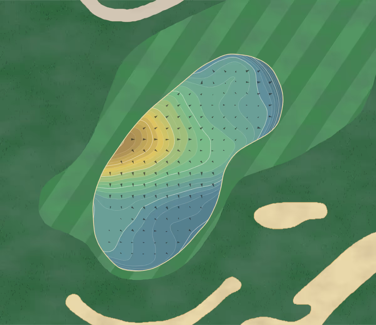 Green contour map of Pete Dye in French Lick, Indiana — 243 elevation contours at a 3-inch interval with fall-line arrows, traced from 1-meter lidar