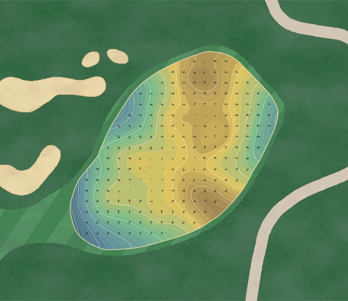 Green contour map of Pete Dye in Bridgeport, West Virginia — 297 elevation contours at a 3-inch interval with fall-line arrows, traced from 1-meter lidar