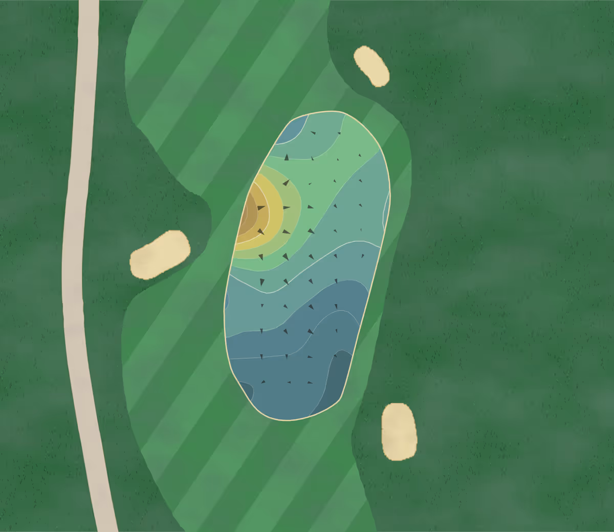 Green contour map of Pete Dye in Radford, Virginia — 103 elevation contours at a 3-inch interval with fall-line arrows, traced from 1-meter lidar